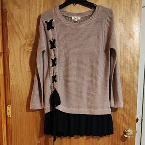 Kye Mi Sweater Dress Tan Black Lace-Up Bow Detail Ruffle Hem Tunic Cotton Size S